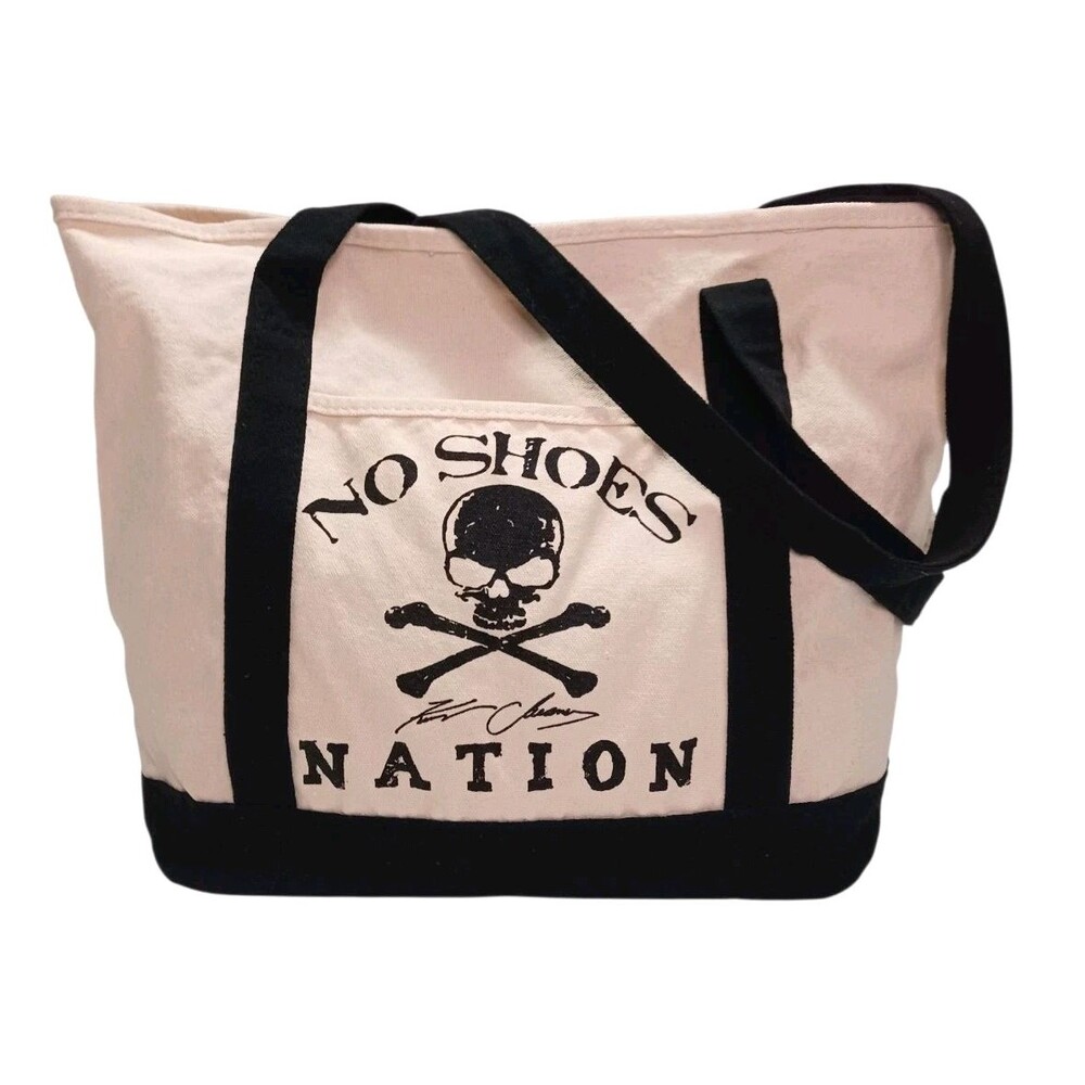 Kenny Chesney No Shoes Nation Canvas Beach Tote Bag Skull Crossbones Black Cream